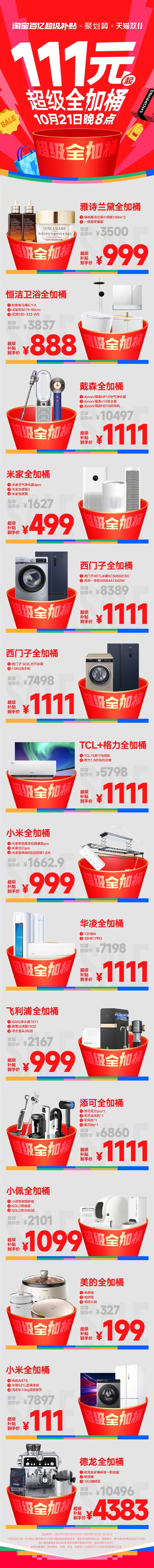 双11淘宝百亿补贴最高降10000元：快8千的小米家电全家桶到手111元